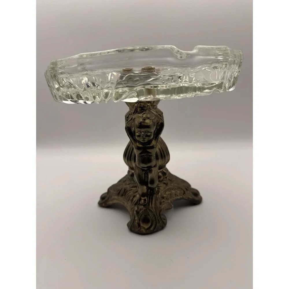 VTG Crystal‎ Decorative Angel Baby Cherub Base Glass Top Candy Dish AshTray